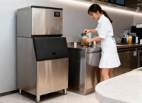 Machine à glaçons cubiques 220 kg avec logo personnalisé, prix usine, pour bars, pubs, discothèques, refroidissement par eau, usage intensif, fabrication rapide de glace, faible MOQ, 1 unité, CE