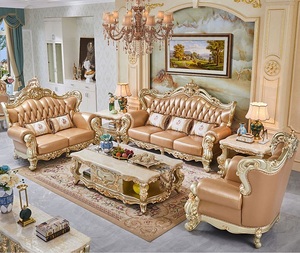 Stile europeo di alto lusso in legno massello vera pelle divano Set <span class=keywords><strong>Champagne</strong></span> oro 123 sedile per casa Villa soggiorno mobili - Product Image 1