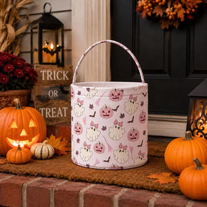 Panier en tissu Halloween avec poignée, motif fantôme, <span class=keywords><strong>araignée</strong></span>, chauve-souris rose, pour bonbons, cadeaux effrayants, ou pour la distribution de friandises, 2026 - Product Image 2