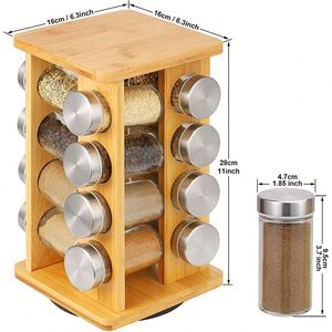 Nouveau support à épices rotatif en bambou avec tiroir de rangement, 16 pots, rotation à 360 degrés, pour sel et assaisonnements - Product Image 3