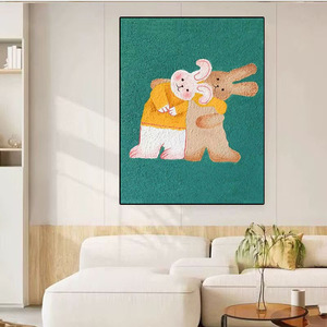 Rabbit Themed Childrens Room Decorative Painting Hand Painted Oil Painting Green <b>Frame</b> Modern Minimalist <b>Wall</b> Art For Hallway - Product Image 4
