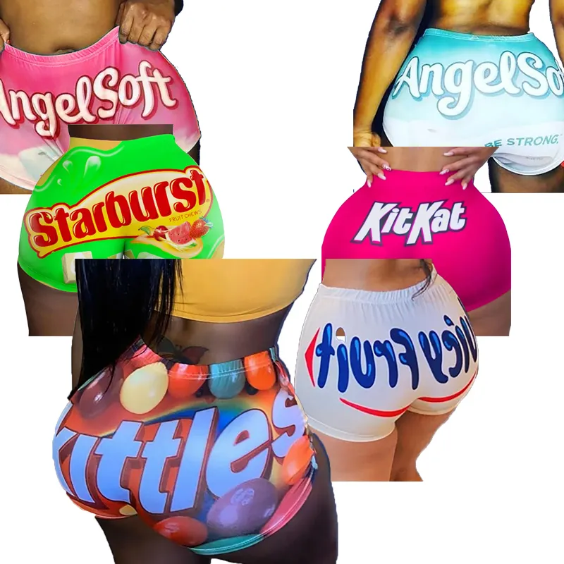 2021 사용자 정의 디자인 캔디 스니커 Skittles 스판덱스 Skittles 전리품 여성 스낵 반바지