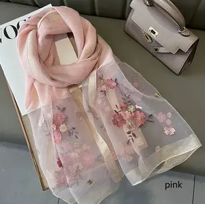 Small flower embroidered silk blend scarves shawls fashion women's pink silk scarf