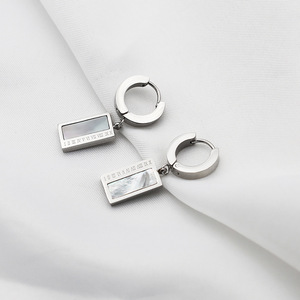 Pendant Earrings Zinc Alloy Mother Of Pearl Bezel Setting Geometric Lock Shape Gold Steel Color Fashion Dangle Earrings - Product Image 2