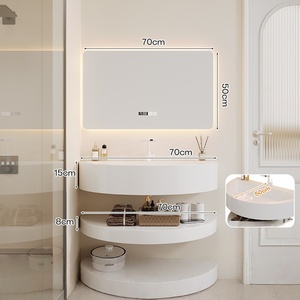 Meuble de salle de bain mural intelligent avec miroir LED et lavabo circulaire style crème pour hôtel - Product Image 3