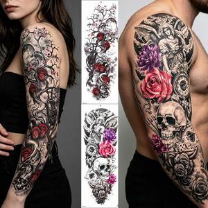 Tatuajes Temporales de <span class=keywords><strong>Manga</strong></span> Completa y Media <span class=keywords><strong>Manga</strong></span> para Hombres y Mujeres, Diseños de Calaveras, Rosas, Leones y Flores, Grandes, Impermeables, para Piernas y Cuerpo - Product Image 1