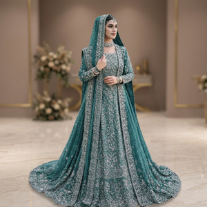 Modern Green Floral Embroidered Long Sleeve Floor-Length Bridal <b>Wedding</b> <b>Dress</b> with <b>Detachable</b> <b>Train</b> and A-Line Silhouette - Product Image 3