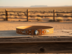Ceinture à rivets tête de cheval Western Cowboy 4,2 cm 120 cm Marron clair 3 #   Ceinture en cuir véritable décontractée - Product Image 2