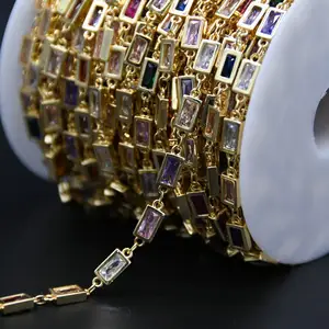 Cadena de latón para fabricación de joyas para mujer, cadena de zirconia colorida, con facetas rectangulares, chapado en oro, novedad
