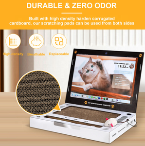 OFAPET Modern Eco-Friendly <span class=keywords><strong>Cat</strong></span> Tree Laptop Forma com Fluffy <span class=keywords><strong>Mouse</strong></span> Interativo Toy Papel ondulado - Product Image 5