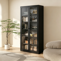 Meuble de rangement en acier noir à double porte, vitrine supérieure en verre et bibliothèque inférieure solide autoportante pour bureau à domicile