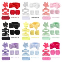 Ensemble d'accessoires capillaires élégants et durables en plastique faits à la main pour salon de beauté : pince à cheveux fleurie, bandeau nœud, ornements pour filles, queue de cheval