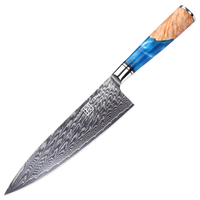 Couteaux de cuisine KEEMAKE de luxe en acier Damas à 67 couches avec manche en bois et résine bleue, couteau de chef Damas
