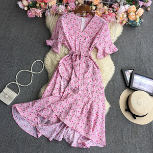 Tunique à manches courtes robe imprimée femmes décontracté col en v robe florale été taille haute jupe longue - Product Image 3