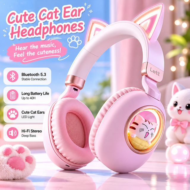 Cute Cat Ears Design True Wireless Stereo Headphones for Girls ANC Function Type-C Compatible with Mobile Phones PS4 Earbuds