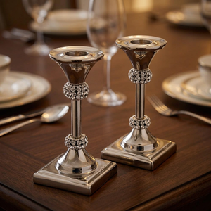 Set of 2 Silver Crystal <b>Ball</b> Pillar <b>Candle</b> Holders Elegant Modern Table Decor - Product Image 1