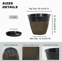 Pot de fleurs en plastique de 8 pouces avec motif rotin, grand pot pour plantes d'intérieur, balcon, jardin extérieur, avec trou de drainage inférieur, plateau en option