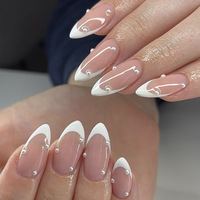 Uñas Postizas de Moda Europea y Americana, ABS, Cobertura Total, Forma de Almendra, Longitud Media, Borde Blanco Perla