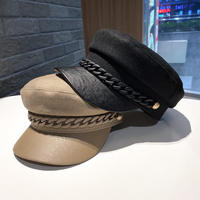 Gorra Plana de Moda para Mujer, con Visera de Cuero PU, Remaches y Cadena, Estiliza el Rostro, Versátil, Uniforme