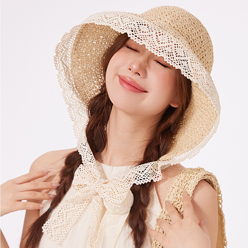 FF4347 Foldable Womens Lace Wide Brim Straw Bucket Hats  display picture 1