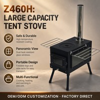 Poêle à bois portable pliable en acier au carbone noir 460 avec grande fenêtre de visualisation, plaque de cuisson et grilles métalliques pour le camping