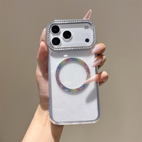 Coque de téléphone magnétique simple et scintillante avec anneau pour iPhone 18 17 Pro Max 16 15 14 13, avec cadre d'appareil photo en strass et protection transparente
