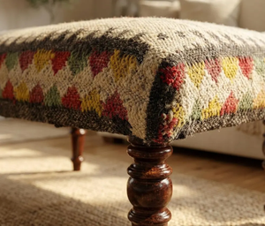 Boho Kilim Handwoven <b>Wool</b> Jute Bench Rustic <b>Wooden</b> Entryway Seating Upholstered Farmhouse Hallway Furniture Vintage Accent Seat - Product Image 6