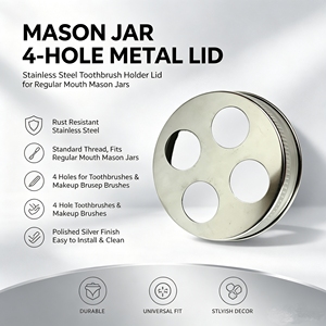 Couvercle de remplacement pour porte-brosse à dents résistant à la rouille, compatible avec les bocaux Mason à ouverture standard, couvercle distributeur <span class=keywords><strong>en</strong></span> métal <span class=keywords><strong>argenté</strong></span> à 4 trous pour bocaux Mason - Product Image 1