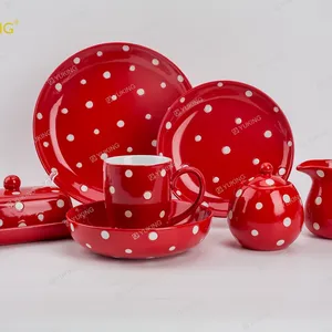 Yukingセラミック食器セットダイニング赤い水玉かわいいスタイル磁器カスタマイズロゴ皿プレート潮州現地サプライヤー