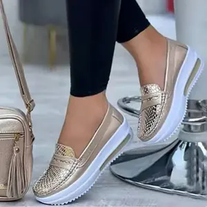 女士运动鞋皮革时尚楔形透气硫化鞋休闲休闲鞋2023新款春季