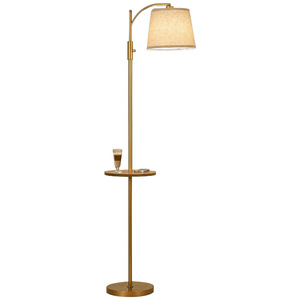 Modern Floor <b>Lamp</b> With <b>Table</b> Beige Linen Shade Brass Body Adjustable Height LED Light Source E27 <b>Base</b> For Living Room Bedroom - Product Image 5