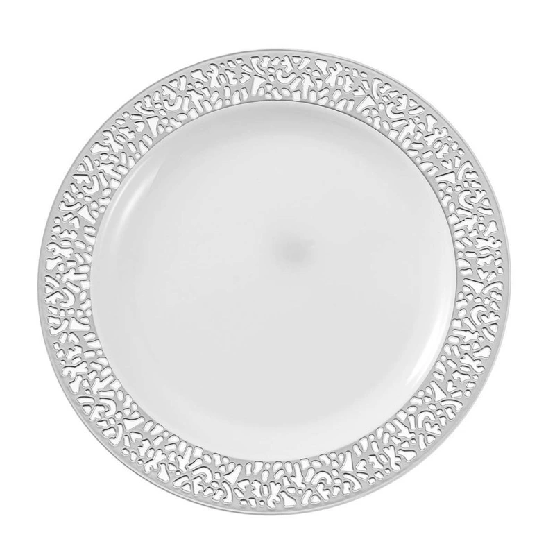 Fond blanc, bordure argentée ajourée.