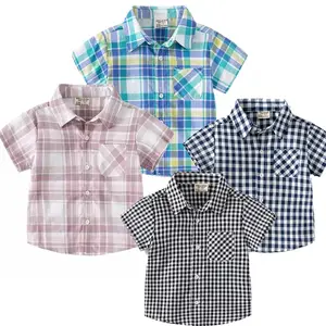 Q21242 summer boys' plaid short-sleeved shirt Children Cotton Checks Plaids Casual shirts
