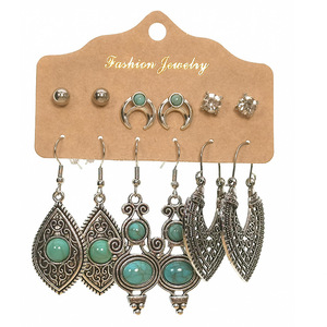 Bohemian Vintage Earrings Set 6 Pair Ethnic Style Antique Silver Alloy Carved Turquoise Rhinestone Earrings for Women Jewelry