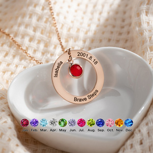 Collar Haomi de Acero Inoxidable con Colgante de Disco Grabado con Números y Letras en Inglés, Piedra de Nacimiento - Product Image 2