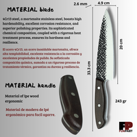 Couteau de cuisine rustique de chef avec lame en acier inoxydable et manche en bois d'ipe, extra-affûté, ambidextre, style oriental