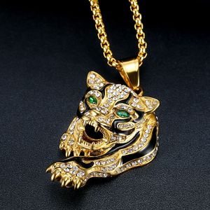 Gold Plated Leopard Head Pendant <b>Necklace</b> With Diamond Pave Setting <b>For</b> <b>Men</b> Party Jewelry Stainless Steel Animal Zodiac Design - Product Image 4