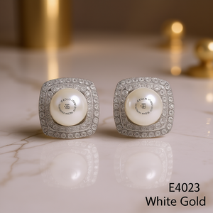 Orecchini a Perno E4023 in Oro Bianco con Perla Coltivata, Montatura Geometrica Classica, Gioielli da Donna - Product Image 2