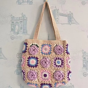 Bolsos de Mano Tote Personalizados de Crochet para <span class=keywords><strong>Mujer</strong></span>, Accesorio de Moda con Dos Asas, Cierre Abierto y Patrón Granny Square para Damas - Product Image 3