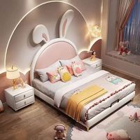 Lit superposé en cuir de luxe pour enfants, thème Princesse Lapin, taille King, en bois, pour chambre à coucher, lit doux pour tout-petits et enfants, tailles Queen et Twin