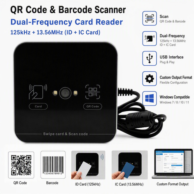 Smart NFC ID IC Card Reader 125Khz 1D 2D QR Code Scan RFID QR  Code Reader Contactless USB Interface Desktop Card Reader