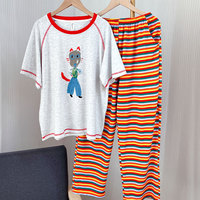 Ensemble décontracté 2 pièces d'été style coréen pour jeunes femmes, avec haut à manches courtes imprimé renard et pantalon rayé ample, idéal pour l'extérieur et la maison