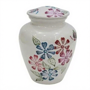 Urna Funeraria Blanca con Diseño Floral, Recipiente Decorativo para Cenizas, Recuerdo Conmemorativo para el Hogar - Artesanía India - Product Image 1