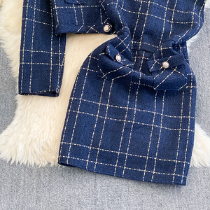 Ensemble deux pièces Yuhong Nouvelle Collection : <span class=keywords><strong>Gilet</strong></span> à manches longues en tweed et robe <span class=keywords><strong>courte</strong></span> boutonnée à motif uni - Product Image 2