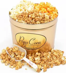 Wholesale new fashion empty holiday popcorn tins container bucket packaging cans food safe round popcorn tin with lids