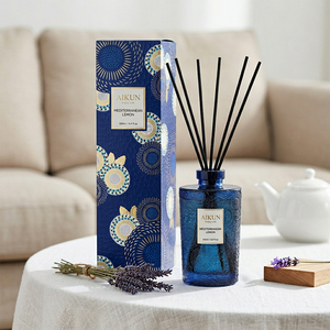 Aikun Low MOQ Fast Response Decor Store OEM Citrus 500ml Blue Conical Glass <b>Reed</b> <b>Diffuser</b> Set with Embossed Box For Living Room - Product Image 1