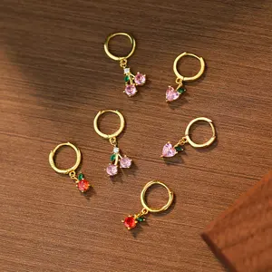 Fashion hot sale colorful zircon earrings dangle jewelry 925 silver gold plated women summer fruit earrings hoops