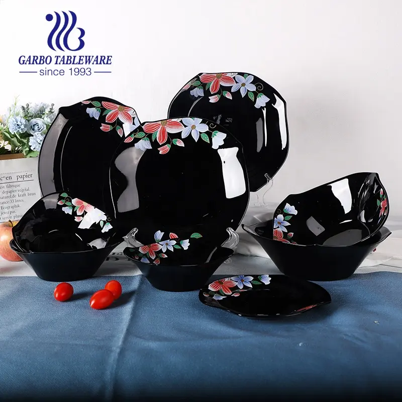 Peralatan Kaca Tempered Opalware Tahan Panas, Set Piring Mangkuk Kaca Opal Hitam Tahan Panas 26 / 33 Buah dengan Desain Bunga