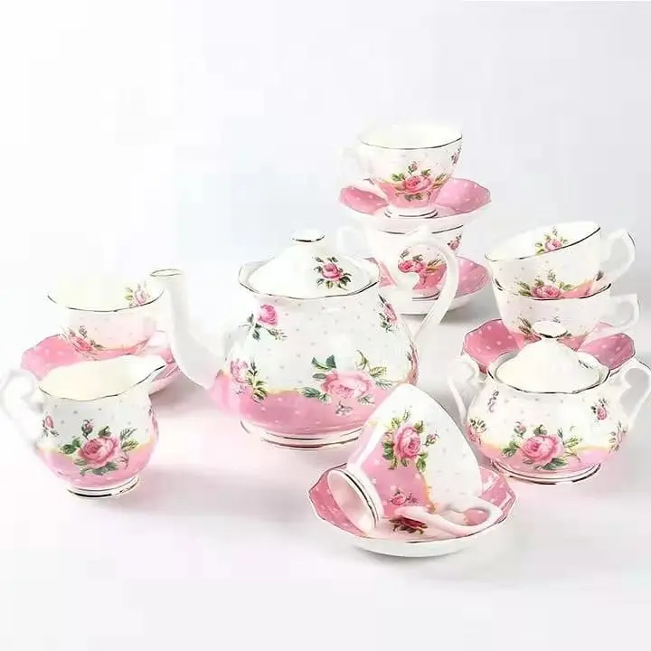 Ceramic 15 Pieces Royal Albert Style Fine Bone China Porcelain Cup and Saucer Milk Sugar Pot Kettle Coffee & Tea Set