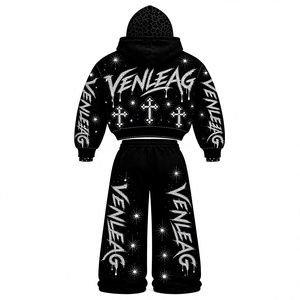 VENLEAG Men's Clothing OEM/ODM Custom <strong>Hoodie</strong> 430 Grams Black Rhinestone Sweatshirt 100% Cotton Hoodies Streetwear - Product Image 4
